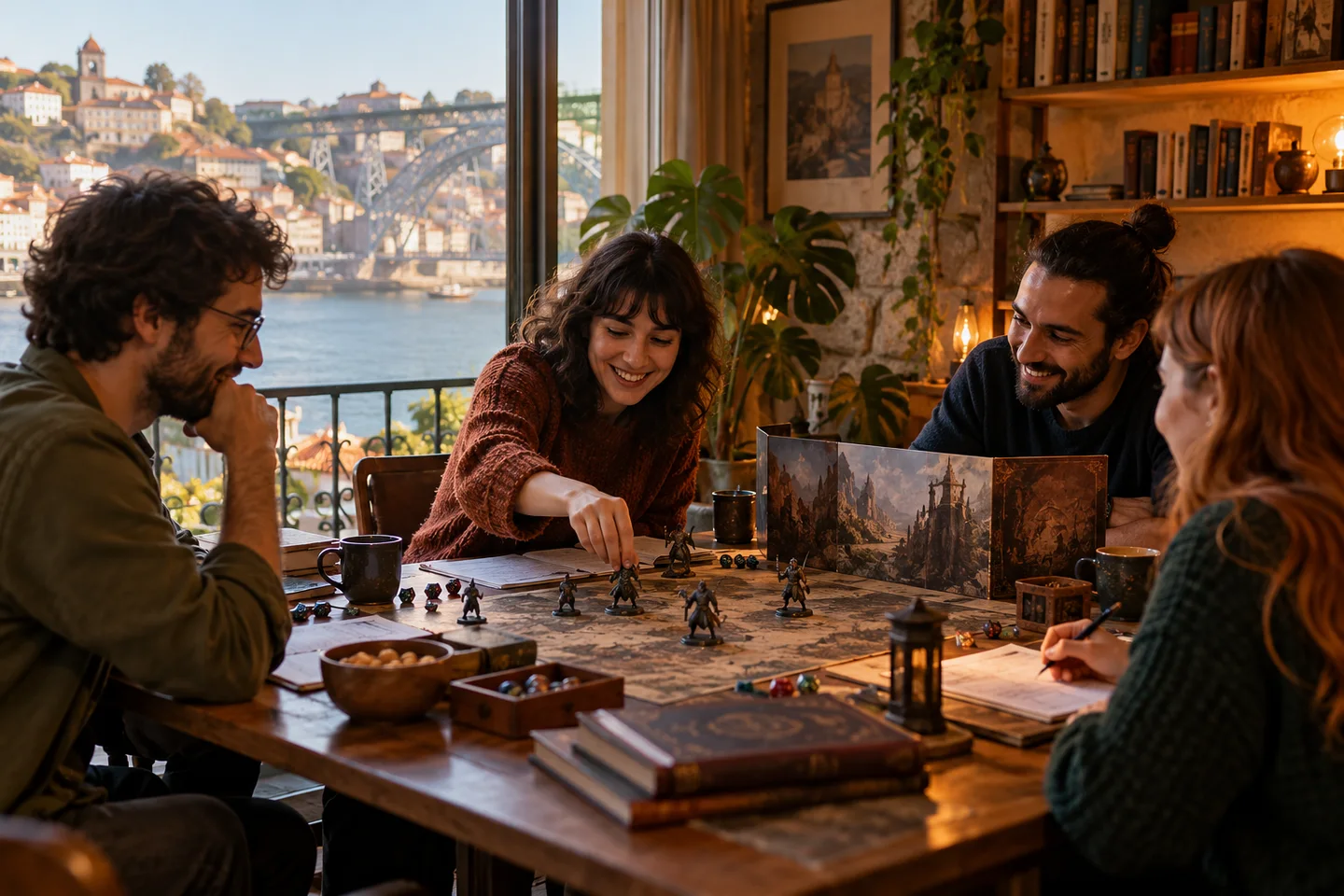 Grupo à volta de uma mesa de jogo narrativo