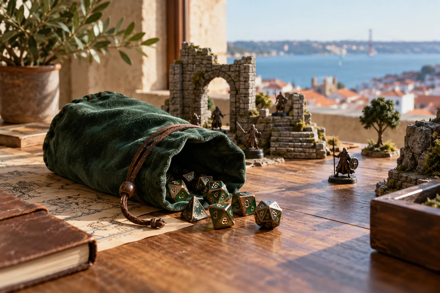 Dados e miniaturas numa mesa de jogo