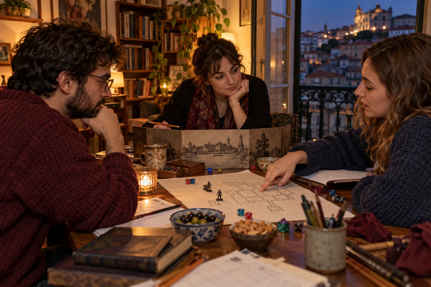 Participantes conversam à volta de um mapa e de dados numa sessão narrativa.