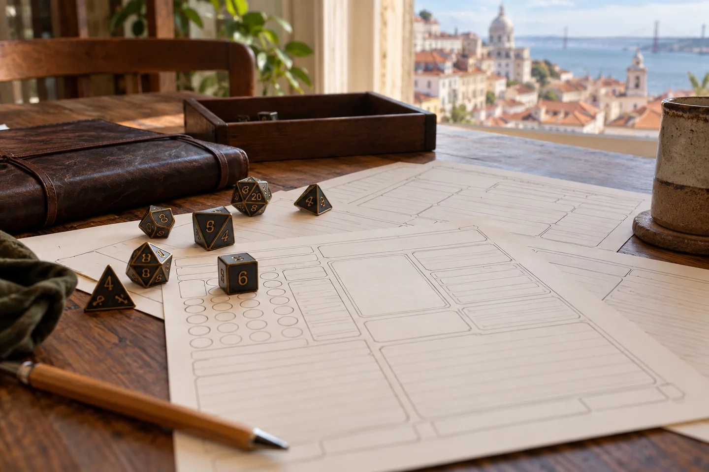Dados e folhas de personagem numa mesa Dados e folhas de personagem numa mesa