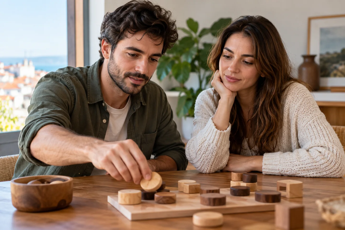 Duas pessoas a experimentar um jogo de mesa